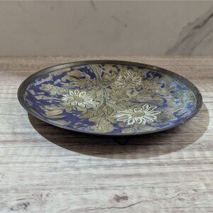 Vintage Decorative Brass Wall Plate With Floral Pattern & Purple Accents 7.5"  m
